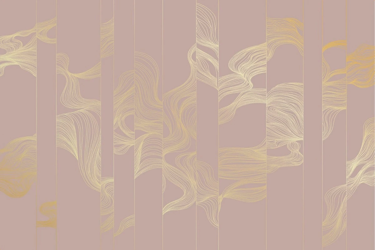 Фотообои на стену - графика, золотые линии, волны, вертикальные, розовая, обои с золотыми линиями, обои с золотым рисунком
