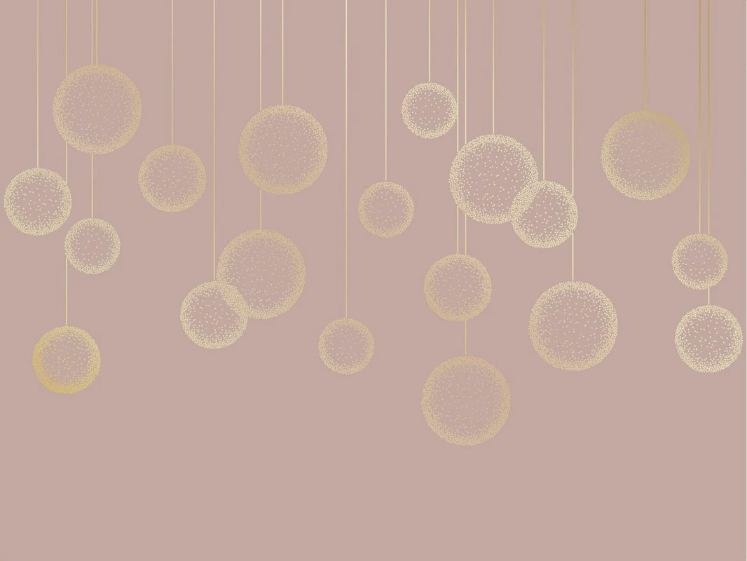 Фотообои на стену - графика, золотые линии, вертикальные линии, шары, круги, розовая