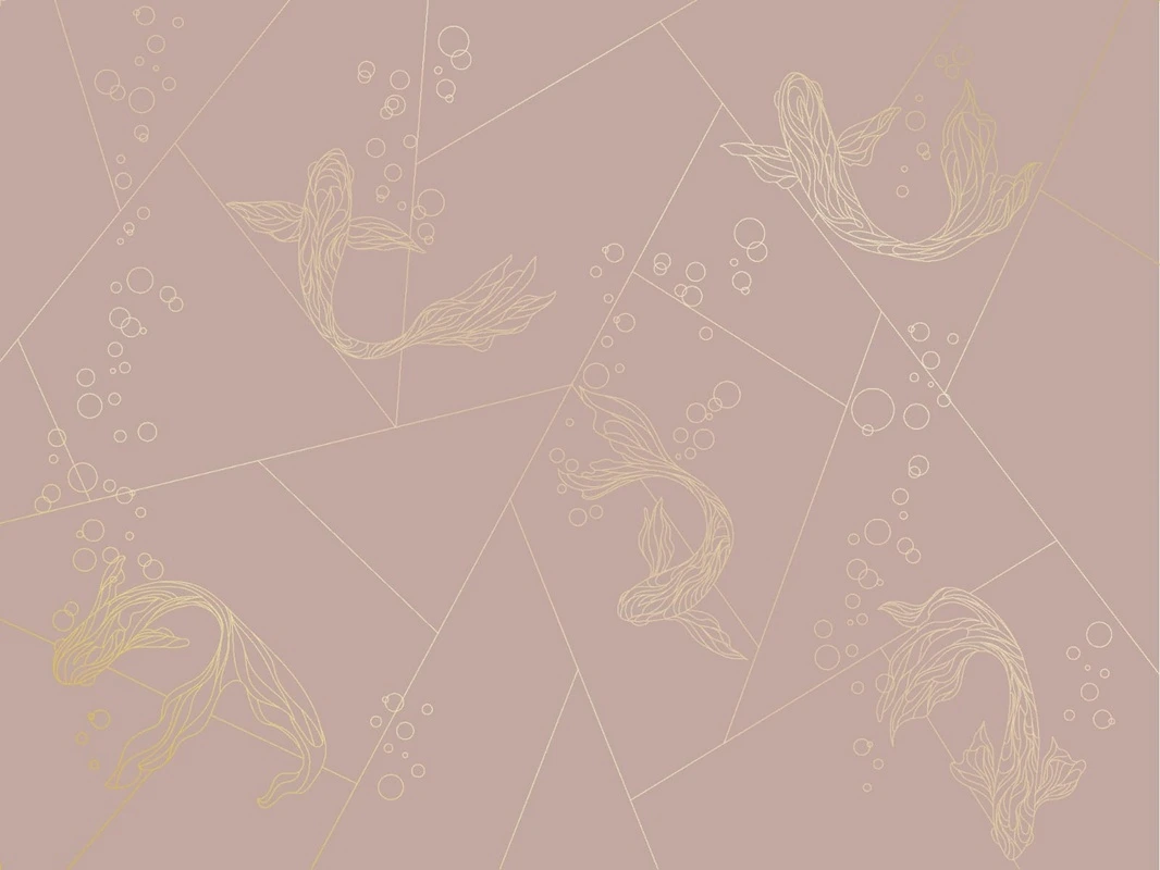Фотообои на стену - графика, золотые линии, рыбы, розовая