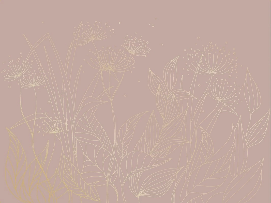 Фотообои на стену - графика, розовая, золотые линии, трава, листья