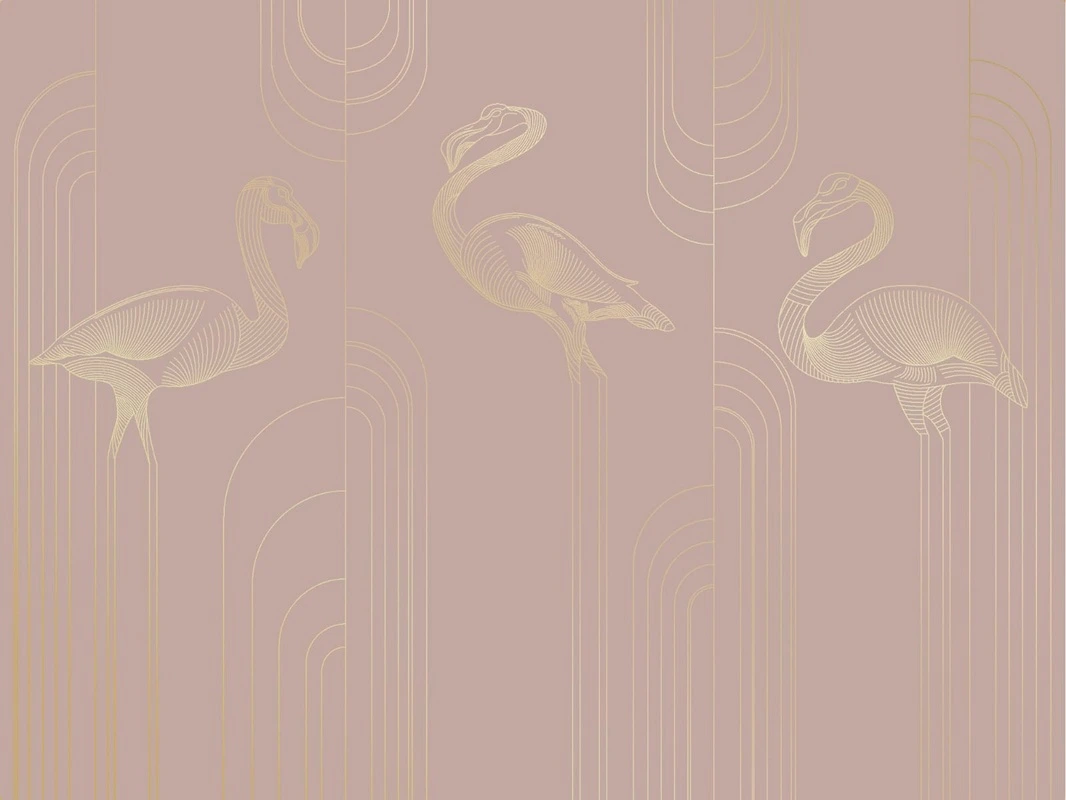 Фотообои на стену - графика, розовая, фламинго, золотые линии