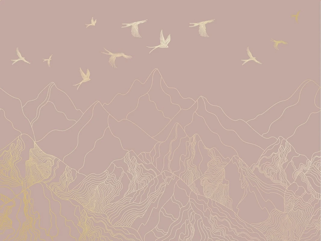 Фотообои на стену - графика, розовая, горы, птицы, золотые линии, обои с золотыми линиями, обои с золотым рисунком