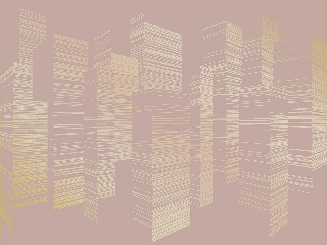 Фотообои на стену - графика, розовая, город, сити, золотые линии, с золотым рисунком