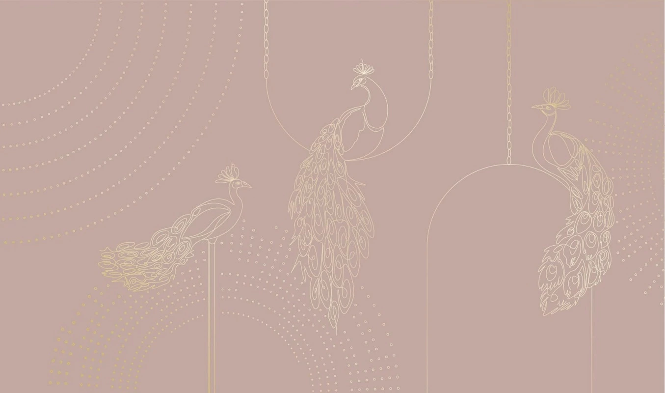 Фотообои на стену - графика, розовая, павлин, золотые линии