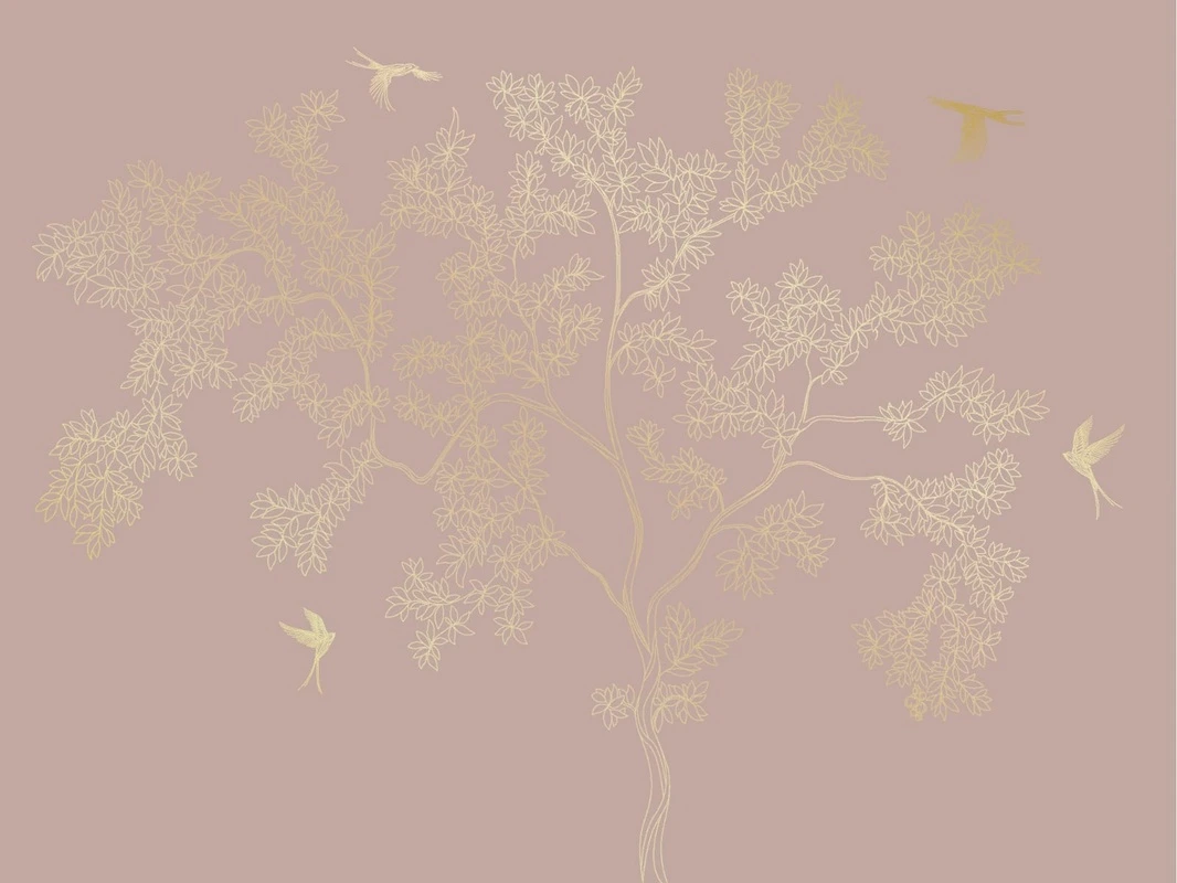 Фотообои на стену - графика, золотые линии, розовая, дерево, листья