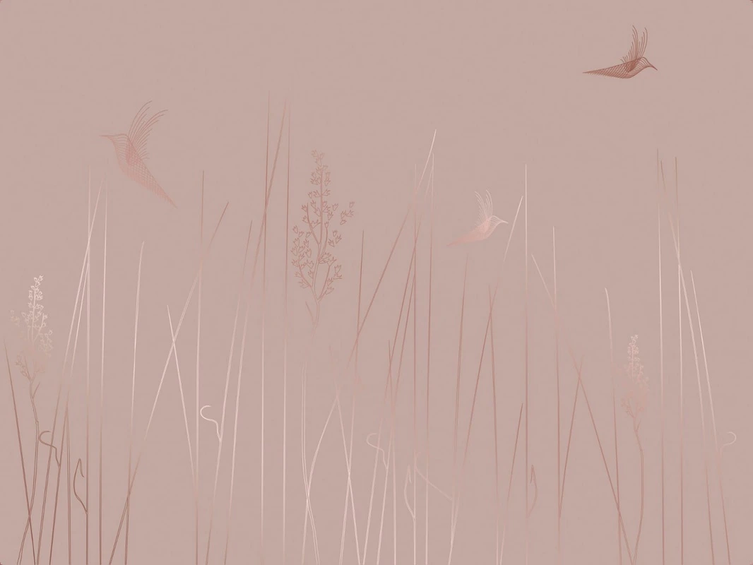 Фотообои на стену - графика, медные, розовая, трава, птицы