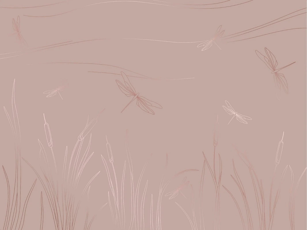 Фотообои на стену - графика, стрекозы, медные обои, розовая, трава, стрекоза
