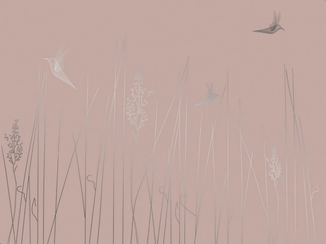 Фотообои на стену - графика, с серебром, обои с серебром, линии, розовая, трава, птицы
