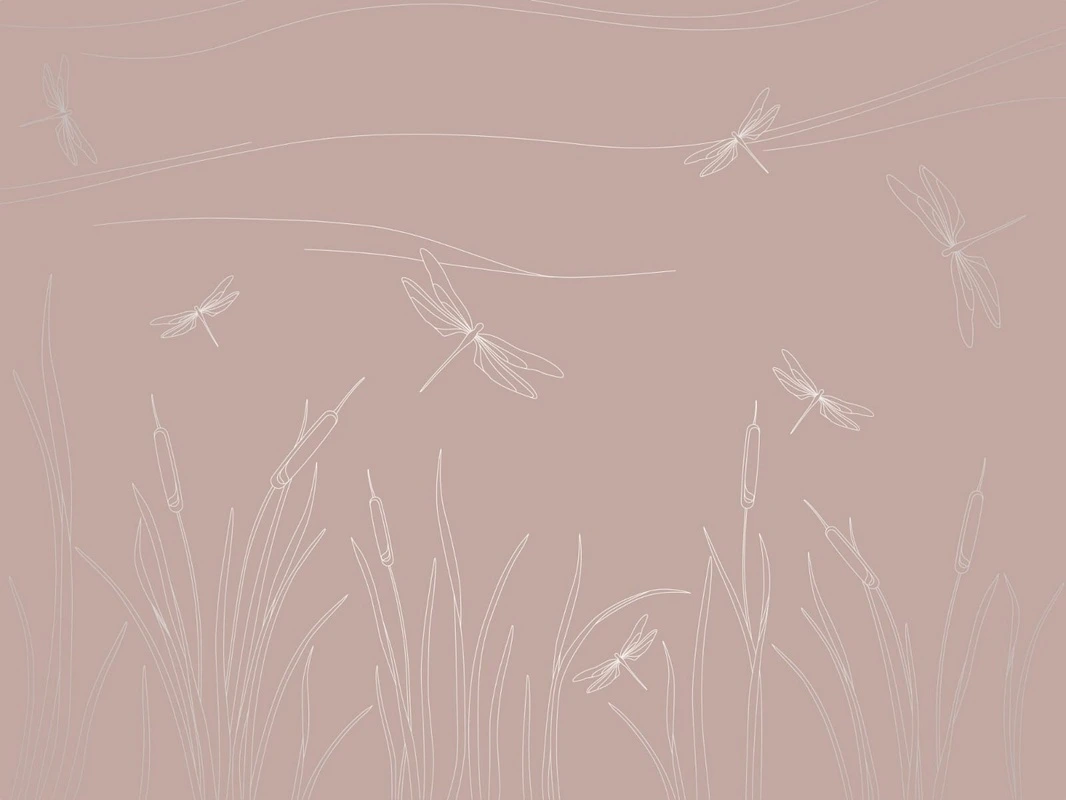 Фотообои на стену - графика, розовая, трава, стрекоза, линии, с серебром