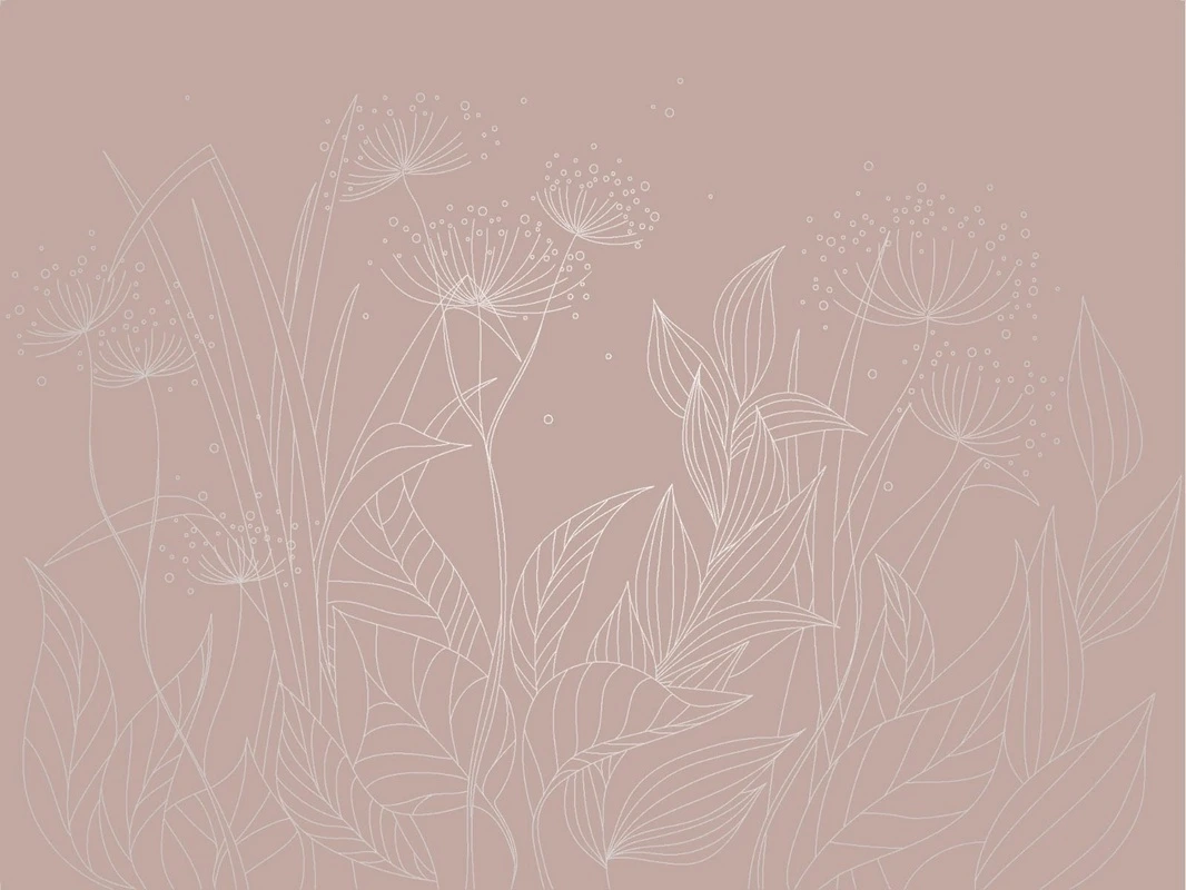 Фотообои на стену - графика, розовая, линии, с серебром, трава, листья