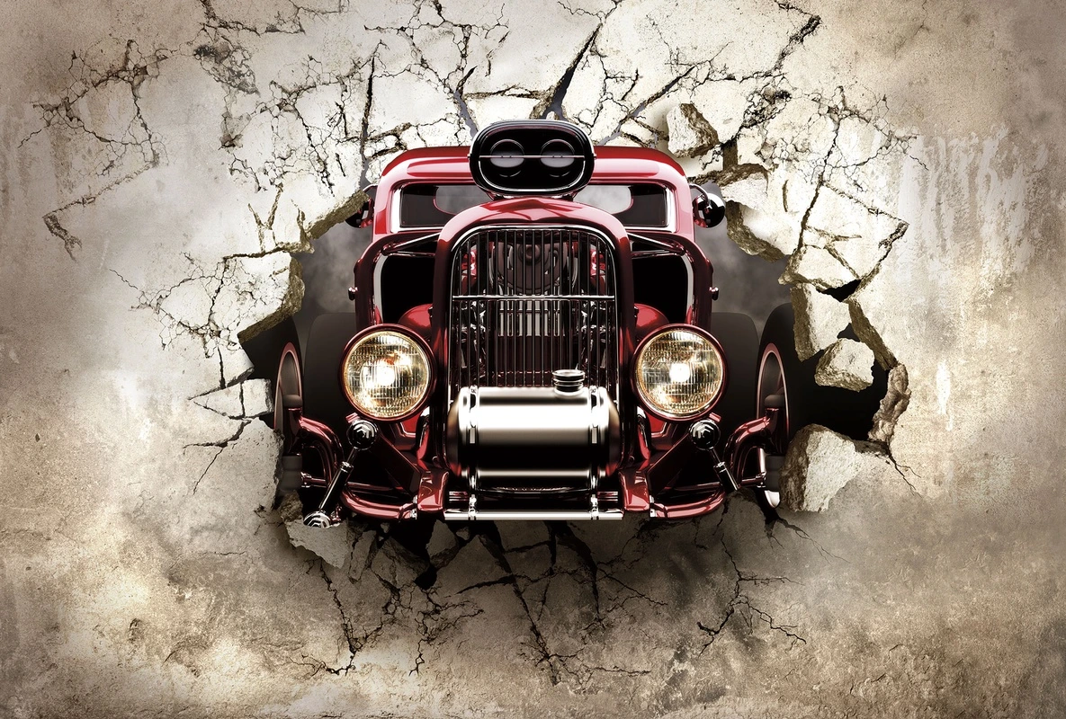 Фотообои на стену - в детскую комнату, автомобиль, ретро, тюнинг, 3d, сквозь стену, эффект разрушения, брутальный стиль, красные, динамика, мужской интерьер, гараж, в подростковую комнату, для мальчика, эффектные, акцентные