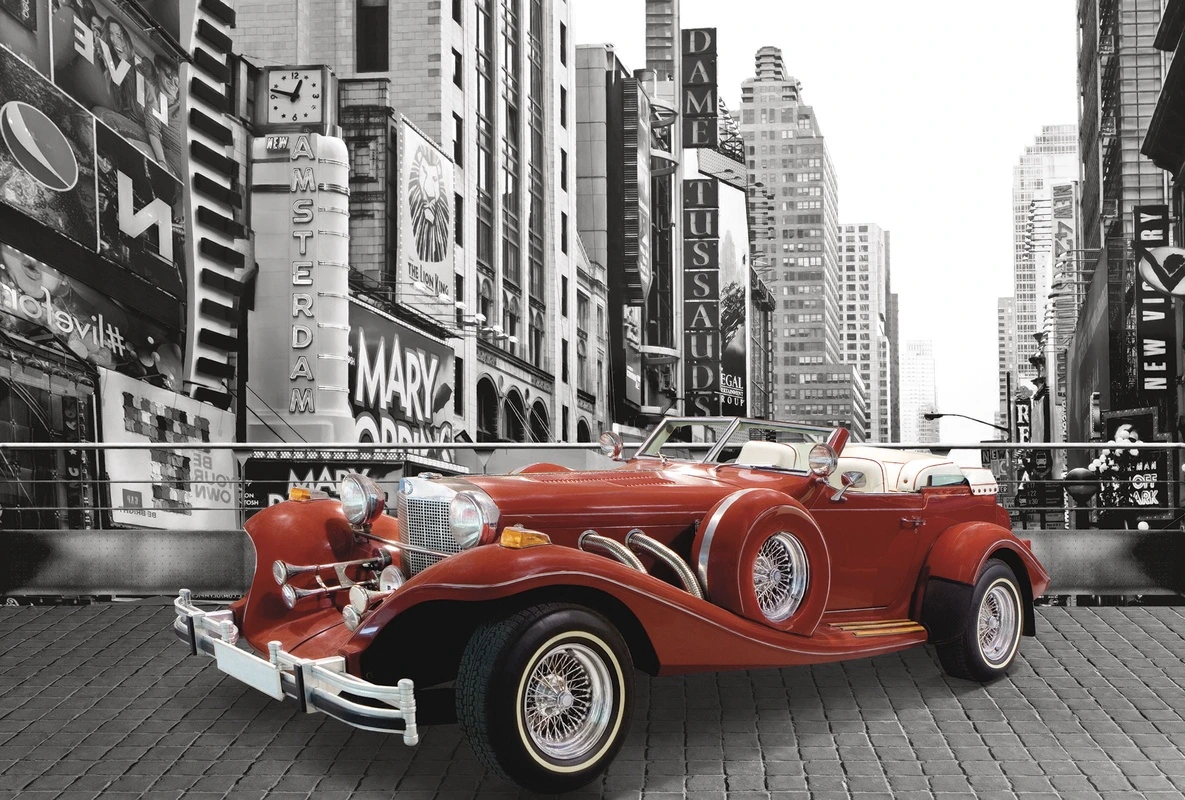 Фотообои на стену - ретро автомобиль, кабриолет, красные, Нью-Йорк, Таймс-сквер, городской стиль, черно-белые, акцентные элементы, в подростковую комнату, для мальчика, эффектные, динамика, стиль 50-х, улицы города, контраст, интерьер, брутальный шик