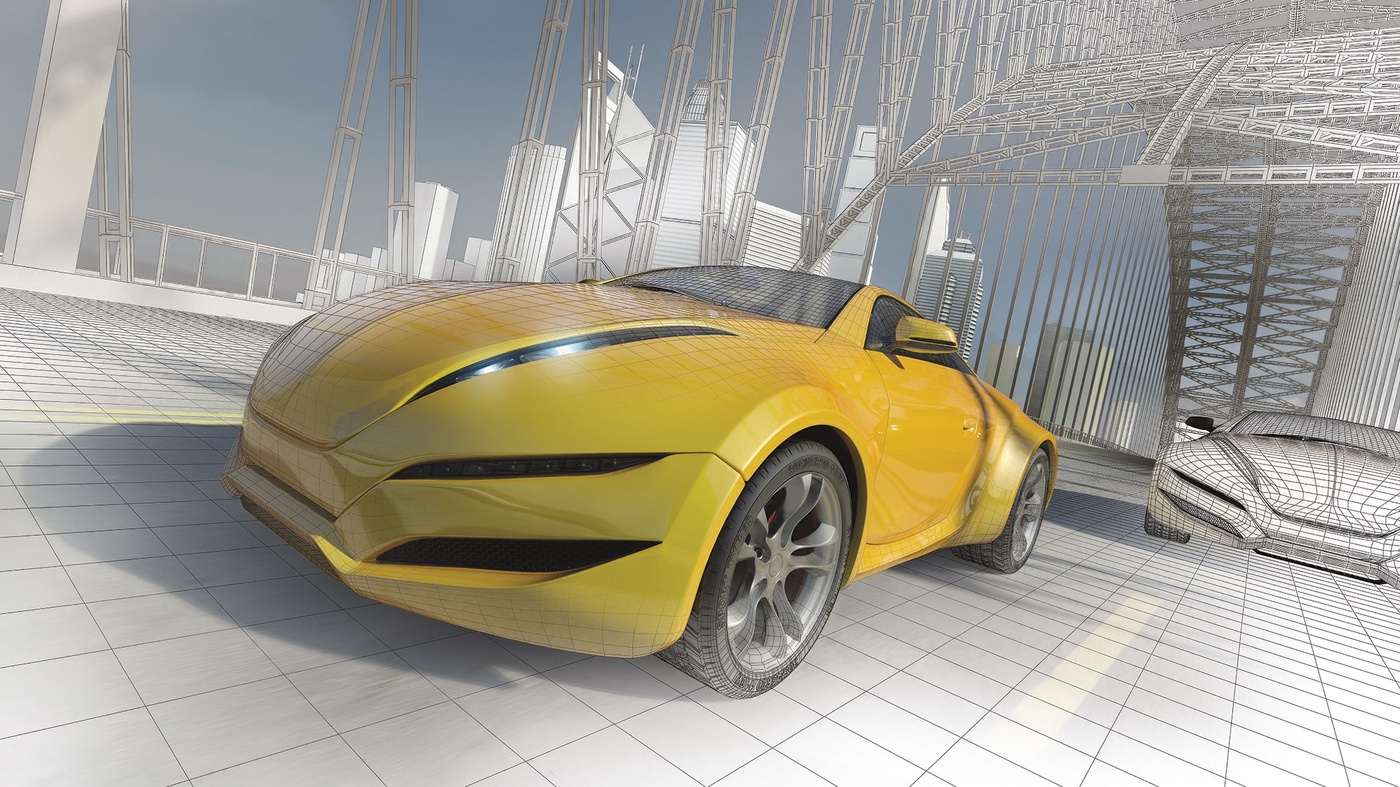 Фотообои и фрески на стену - машина, спорткар, желтая, 3d, мост, город, чертеж, архитектура, современные, урбанистика, для подростков, в детскую, графика, для комнаты мальчика, авто, стильные