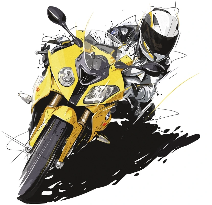 Фотообои на стену - мотоцикл, желтые, гонщик, шлем, спортивный стиль, графика, скорость, движение, белый фон, энергичные, для подростков, в подростковую комнату, акцентные, динамика, драйв