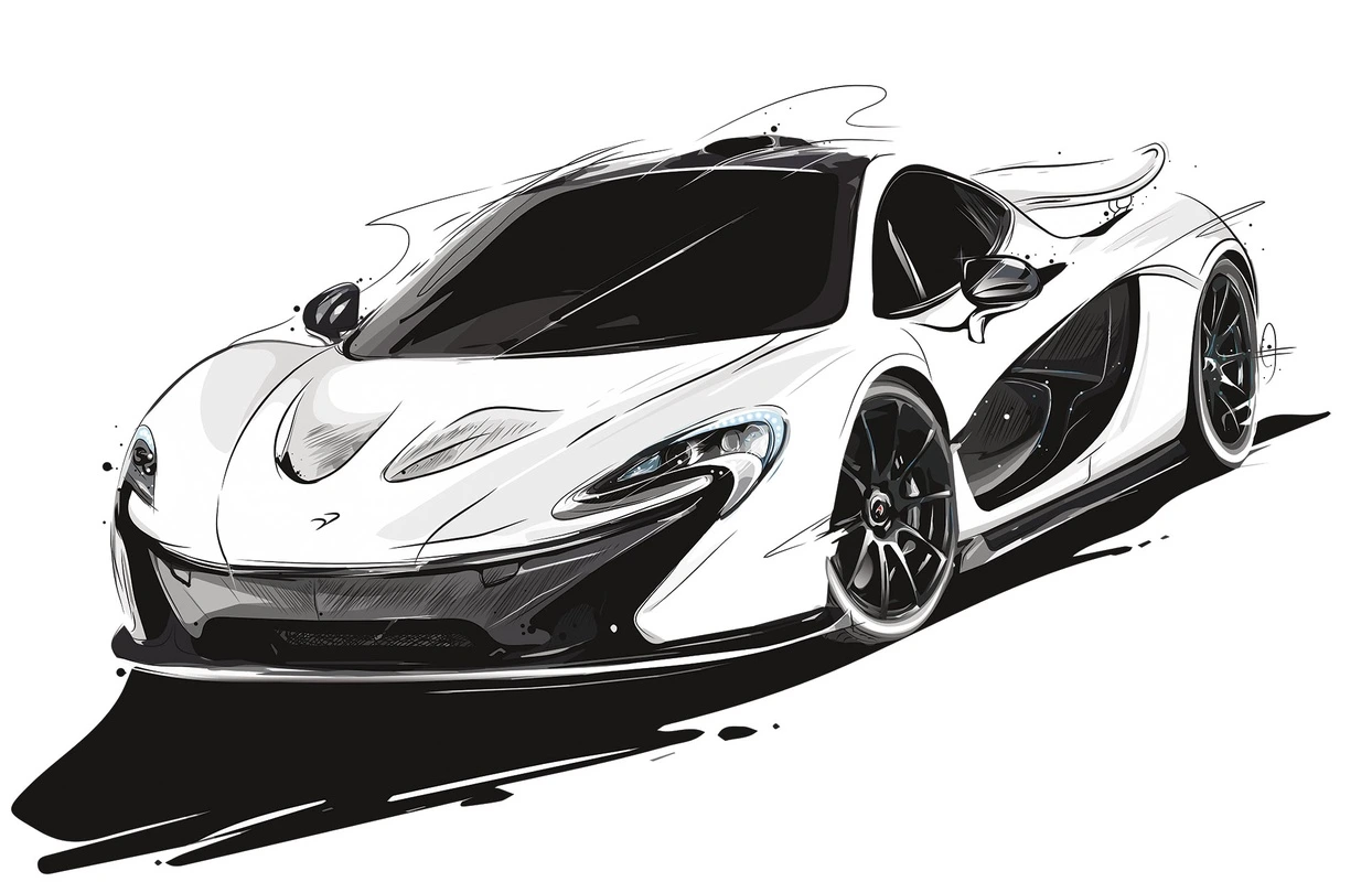 Фотообои на стену - спортивный автомобиль, белые, графика, суперкар, быстрые, стильные, динамика, энергия, в подростковую комнату, для мальчиков, современные, акцентные, эффектные, иллюстрация, на белом фоне