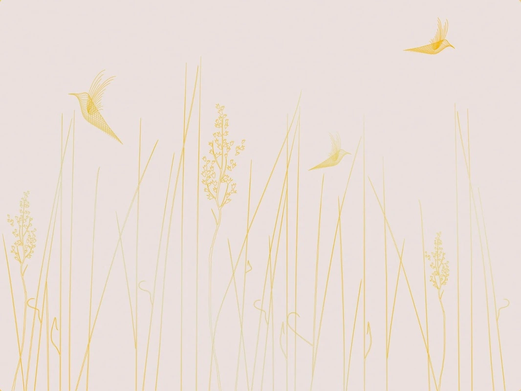 Фотообои на стену - графика, розовая, светлая, золотые линии, трава, птицы