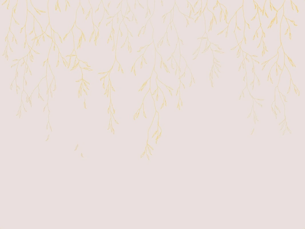 Фотообои на стену - графика, розовая, светлая, золотые линии, золотые листья, ветки, листья