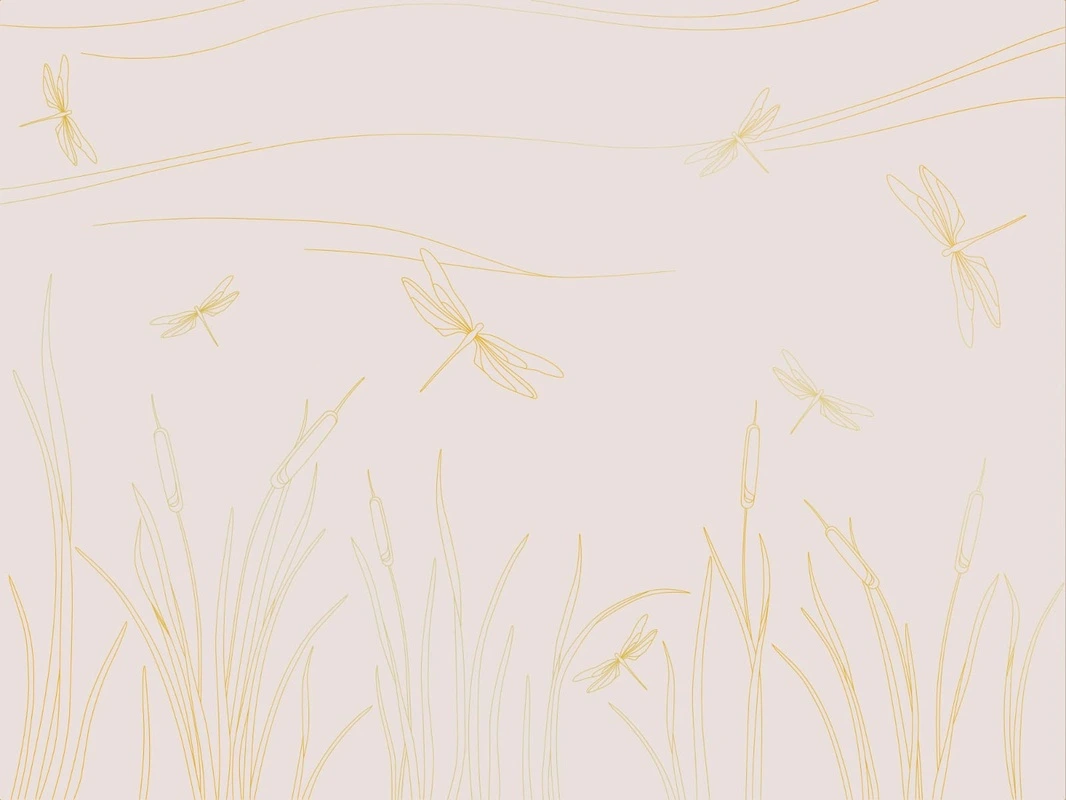 Фотообои на стену - графика, розовая, светлая, золотые линии, трава, стрекоза