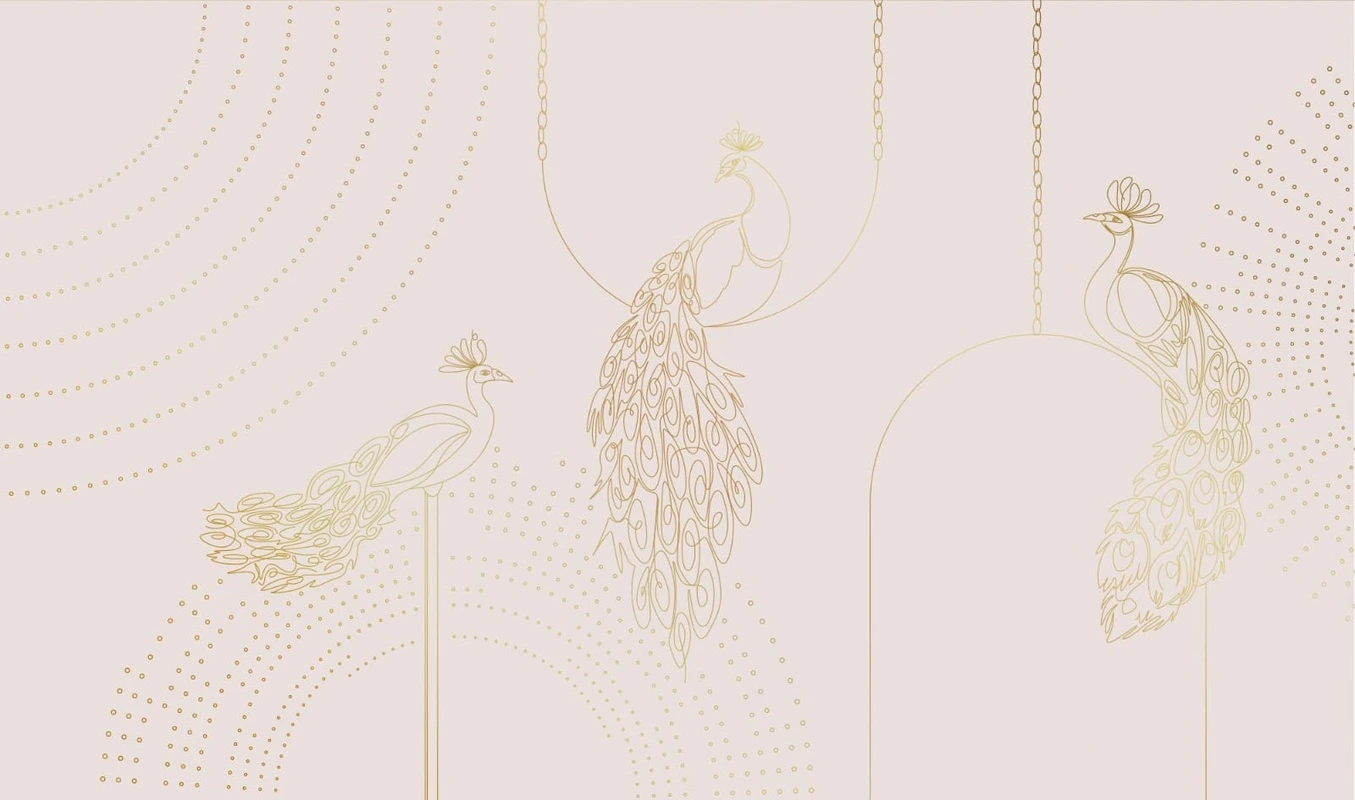 Фотообои на стену - графика, розовая, светлая, золотые линии, павлины