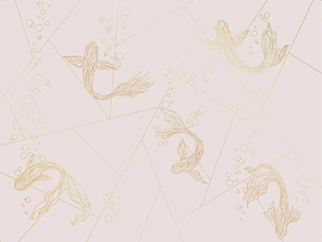Фотообои на стену - графика, розовая, светлая, золотые линии, рыбы