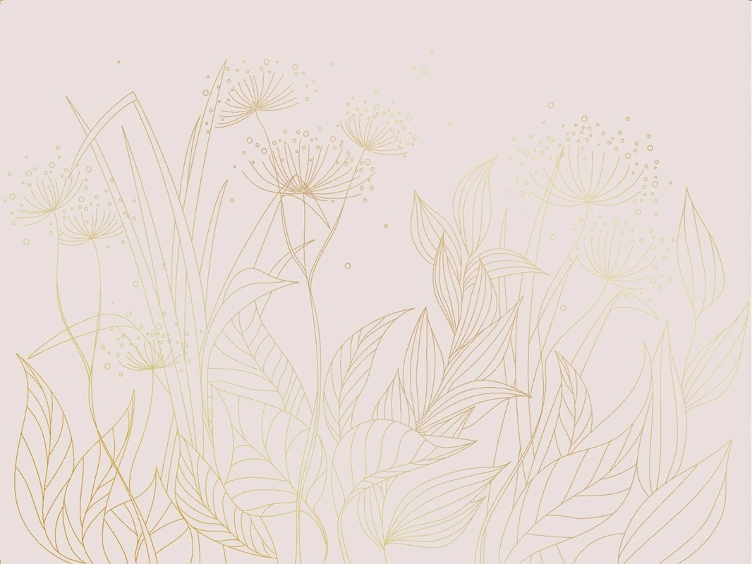 Фотообои на стену - графика, розовая, светлая, золотые линии, трава, золотые листья