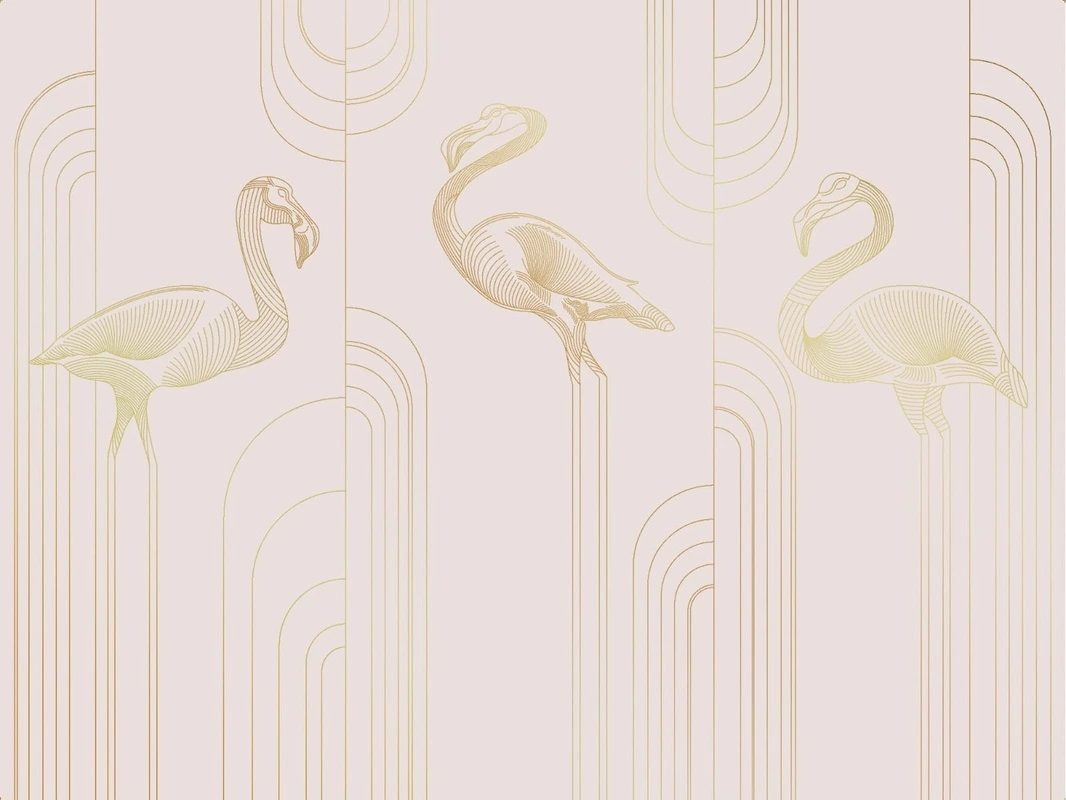 Фотообои на стену - графика, розовая, светлая, золотые линии, фламинго