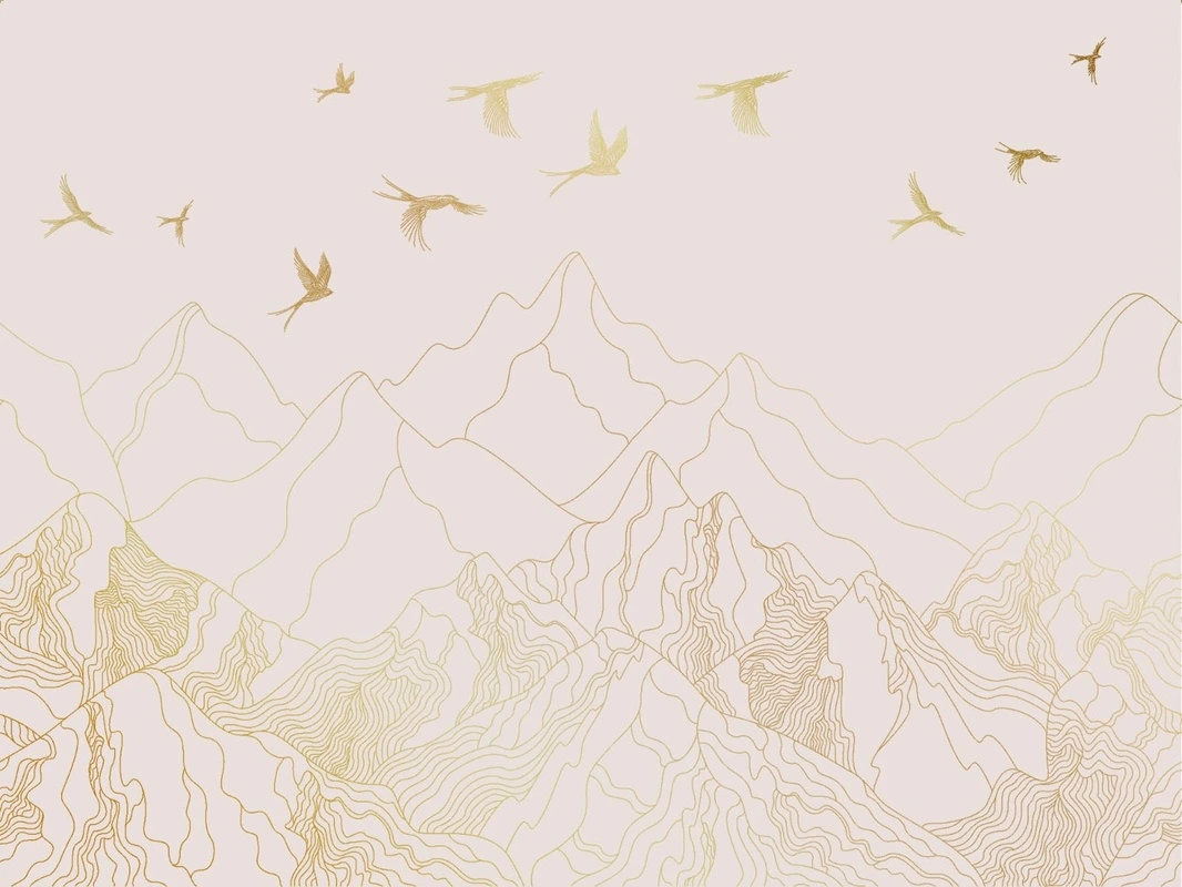 Фотообои на стену - графика, розовая, светлая, золотые линии, горы, птицы