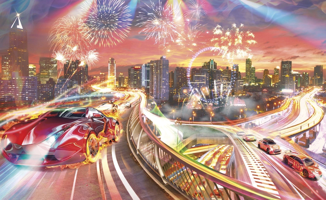 Фотообои на стену - спорткары, огонь, гонка, салют, городской пейзаж, огненные, яркие, эффектные, динамика, неон, в подростковую комнату, для мальчиков, закат, праздничные, современные, широкоформатные