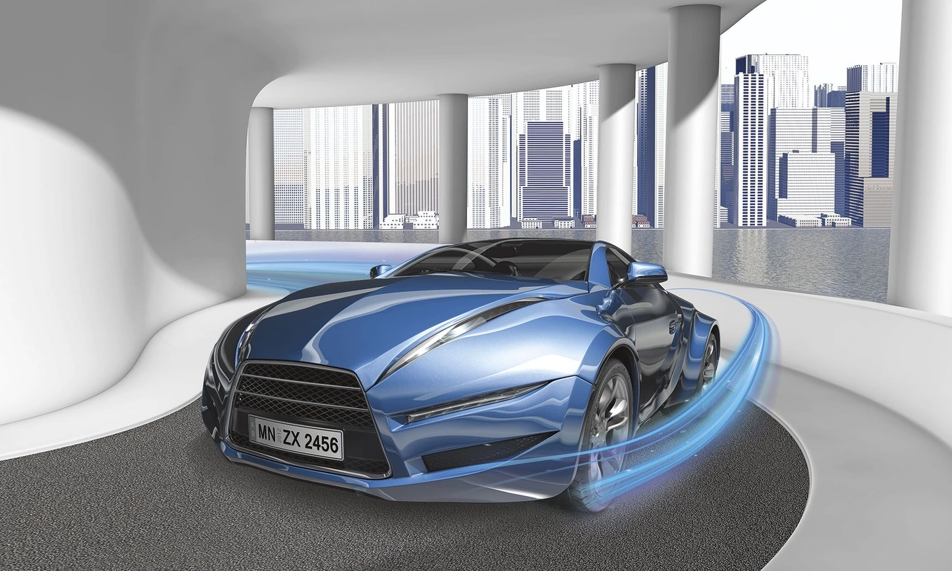 Фотообои на стену - машина, спорткар, синий, глянец, футуристичный, городской фон, небоскрёбы, асфальт, стильные, эффектные, акцентные, 3d, для мальчиков, транспорт, современные, в подростковую комнату, яркие