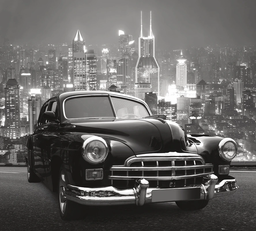 Фотообои на стену - ретро автомобиль, черно-белые, винтаж, городской пейзаж, небоскрёбы, классика, ночь, стильные, урбанистика, мужской интерьер, для офиса, для гостиной, акцентные, 3d, транспорт, ностальгия