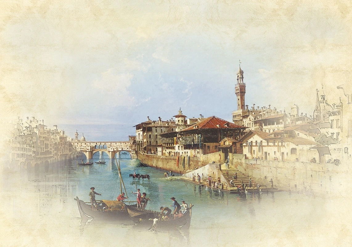 Фотообои на стену - венеция, гондолы, старинный город, мост, архитектура, канал, италия, ретро стиль, живопись, акварель, туристический пейзаж, средневековье, европейская классика, исторический сюжет, для гостиной, в кабинет, широкоформатные, панорамные, уютные, пастельные тона