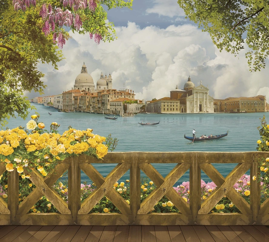 Фотообои на стену - венеция, гондолы, балкон, цветы, архитектура, собор, канал, облачное небо, романтический вид, панорамный пейзаж, италия, средиземноморский стиль, лето, яркие краски, деревянное ограждение, спокойная атмосфера, для спальни, в гостиную, уличная сцена, городской пейзаж