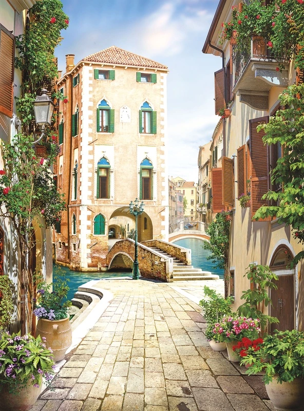 Фотообои и фрески на стену - венеция, мост, канал, цветы, балконы, уютный дворик, архитектура, лето, яркие фасады, зелень, мощеная улица, фонарь, городской пейзаж, романтика, италия, для кухни, в прихожую, средиземноморский стиль, панорамный вид, уличная сцена