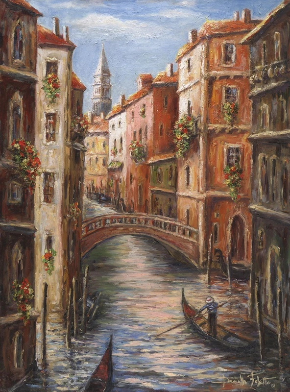 Фотообои на стену - венеция, живопись, масляная техника, гондолы, канал, мост, старинные дома, цветы на балконах, отражения в воде, теплые оттенки, архитектура, романтический стиль, художественный пейзаж, городской вид, италия, ретро атмосфера, для гостиной, в кабинет, европейская классика, уютная сцена