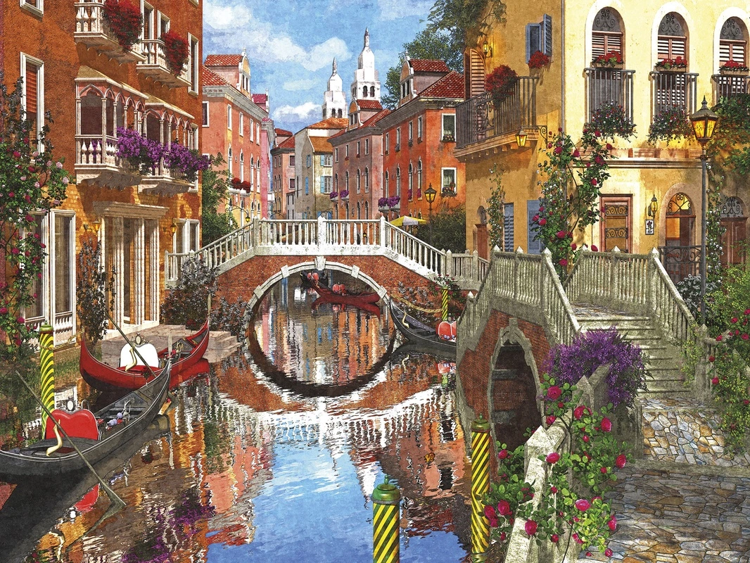 Фотообои на стену - венеция, гондолы, мосты, канал, цветы, балконы, архитектура, отражения в воде, яркие фасады, романтика, лето, городской пейзаж, живопись, италия, уютный уголок, уличные фонари, для гостиной, в прихожую, средиземноморский стиль, художественная атмосфера