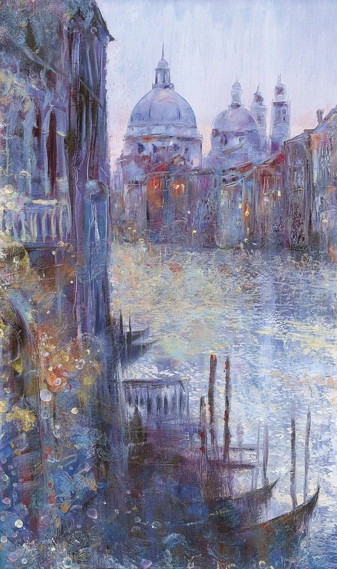 Фотообои на стену - венеция, собор, гондолы, канал, живопись, абстракция, пастельные тона, импрессионизм, архитектура, вода, отражения, мечтательная атмосфера, городской пейзаж, художественный стиль, старый город, фиолетовые оттенки, текстура холста, для спальни, в гостиную, современное искусство