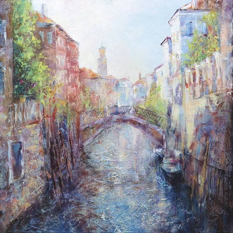 Фотообои на стену - венеция, канал, мост, лодки, абстракция, пастельные цвета, живопись, импрессионизм, текстура холста, архитектура, городской пейзаж, лето, яркий свет, романтическое настроение, цветущая зелень, спокойствие, для спальни, в гостиную, современное искусство, художественный стиль