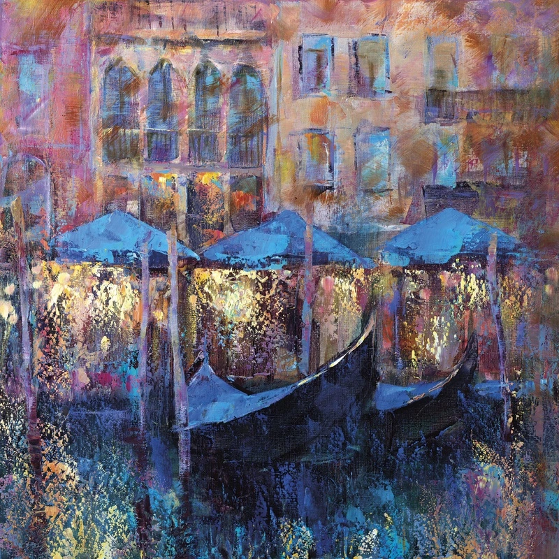 Фотообои на стену - венеция, гондолы, набережная, кафе, зонты, абстракция, живопись, яркие цвета, импрессионизм, вечерний свет, отражения, архитектура, фиолетовые и синие тона, городской пейзаж, художественный стиль, текстура холста, уютная атмосфера, для гостиной, в столовую, современное искусство