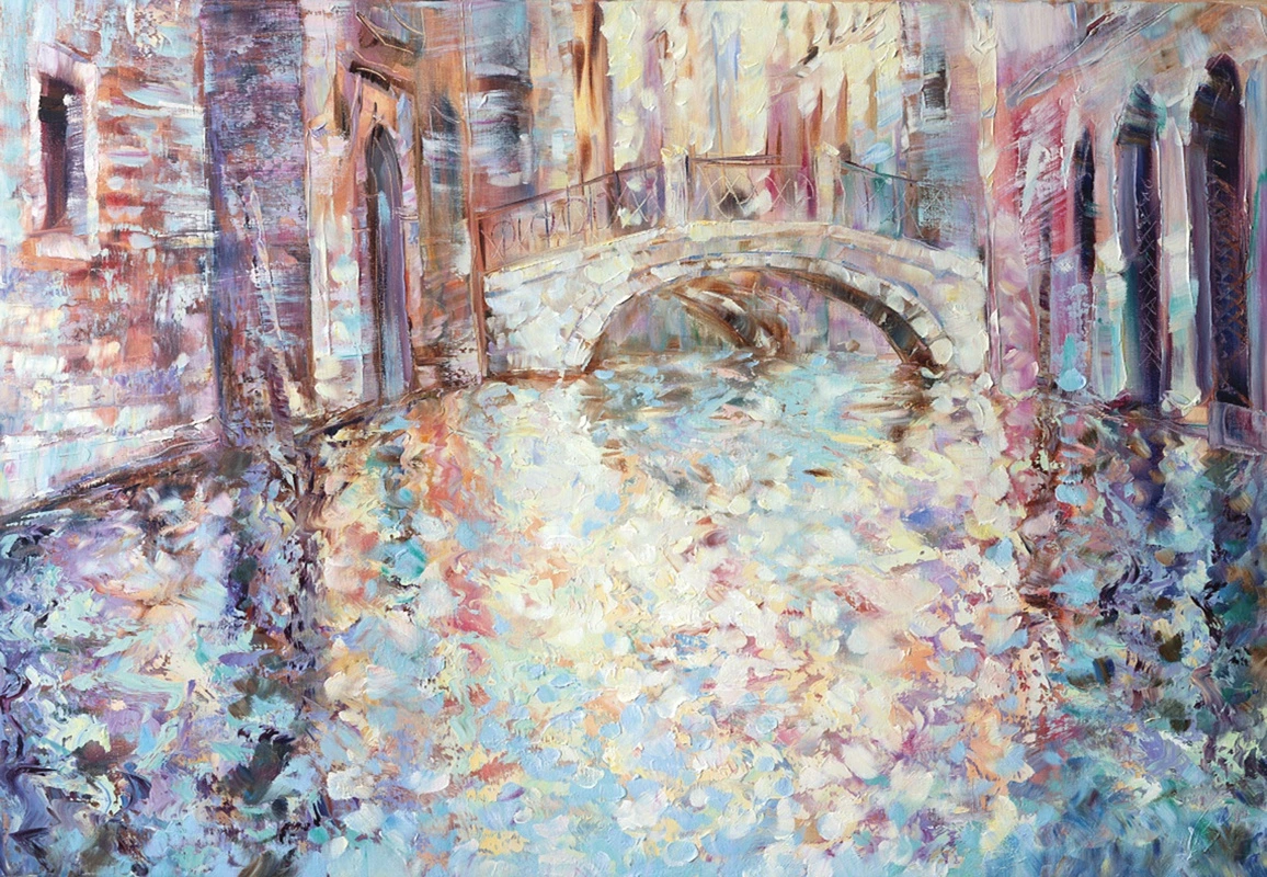 Фотообои на стену - венеция, канал, мост, отражения, пастельные тона, мазки кистью, импрессионизм, вода, архитектура, акварельная фактура, уютная атмосфера, романтический стиль, художественная живопись, старый город, бирюзовый, розовый, светлая палитра, для спальни, интерьерная картина, мягкий свет