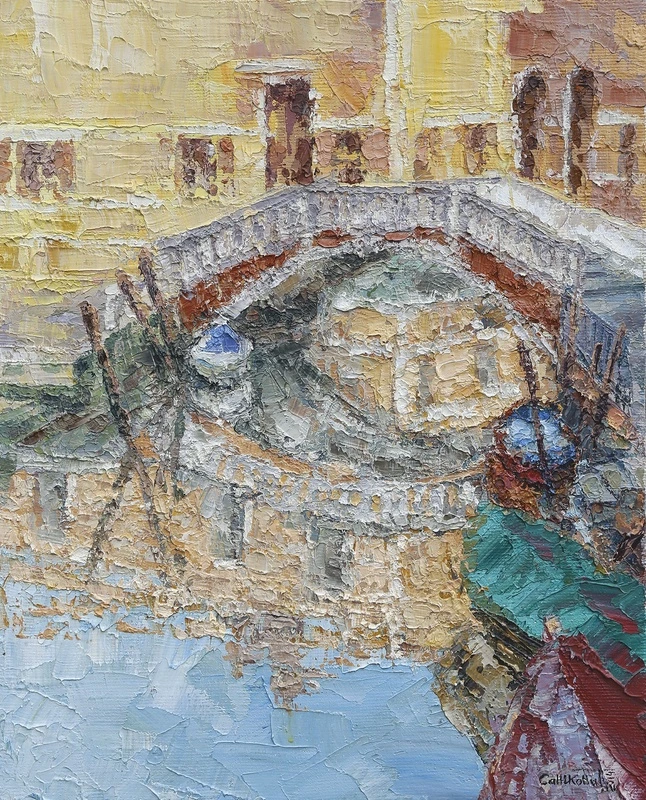 Фотообои на стену - венецианский мост, отражение в воде, масляная живопись, яркие мазки, импрессионизм, фактурный холст, архитектура Венеции, канал, гондола, яркие цвета, теплые оттенки, городская живопись, вид на мост, уличная сцена, современное искусство, декоративное панно, насыщенные краски, жёлтые стены, уютный пейзаж, для интерьера