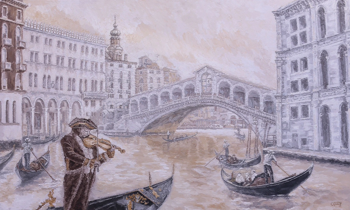 Фотообои на стену - венеция, канал, мост риальто, гондолы, гондольеры, скрипач, карнавальный костюм, маска, барокко, старая архитектура, пастельные цвета, картина маслом, винтажный стиль, ретро атмосфера, романтика, культурное наследие, европейский город, набережная, архитектура италии, уличная музыка, историческая сцена