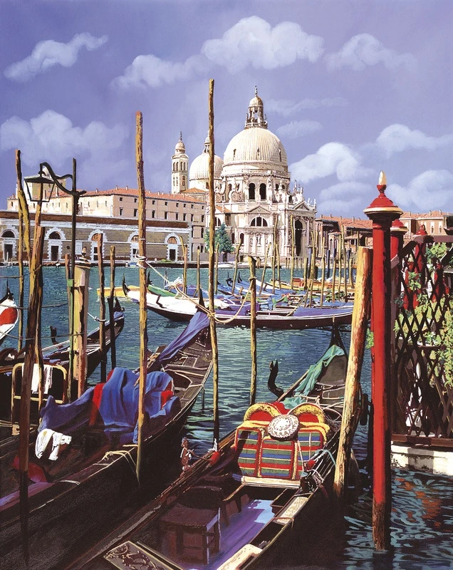 Фотообои на стену - венеция, гондолы, собор, архитектура, канал, солнечный день, лазурная вода, италия, городской пейзаж, живопись, яркие цвета, традиционный транспорт, купола, деревянные сваи, туристическое место, водная гладь, исторический центр, морская романтика, открытка, городской туризм