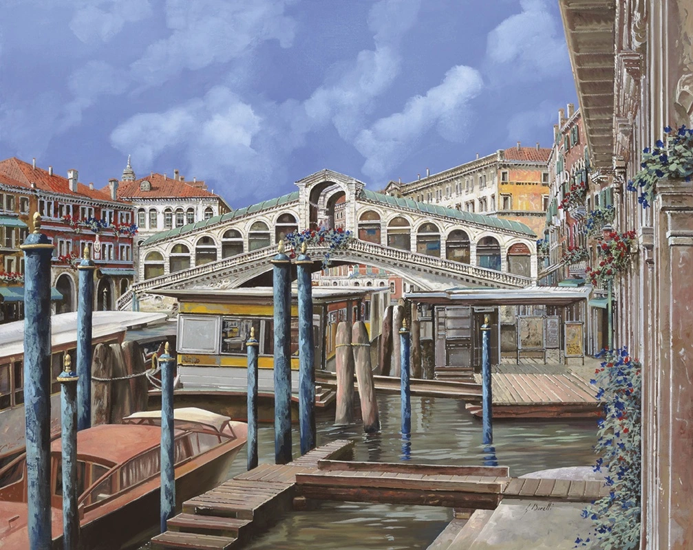 Фотообои на стену - венеция, гранд-канал, мост риальто, городской транспорт, речной трамвай, лодки, пристань, архитектура, цветы на балконах, исторический центр, солнечный день, синий небо, италия, туризм, городской пейзаж, мост, здания, вода, прогулка, живопись, путешествие