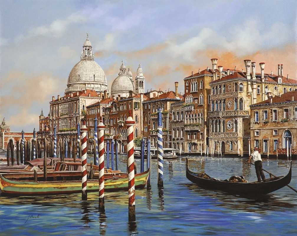 Фотообои на стену - венеция, гранд-канал, базилика санта-мария-делла-салюте, гондольер, гондола, архитектура, вода, город на воде, полосатые столбы, исторические здания, путешествие, италия, солнечно, бирюзовая вода, живопись, городской пейзаж, небо, туризм, лодки, панорама