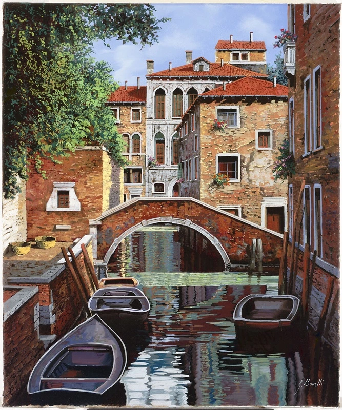 Фотообои на стену - венеция, канал, лодки, кирпичный мост, старинные дома, итальянская архитектура, красные крыши, отражения в воде, солнечный день, живопись, цветы на окнах, уютный пейзаж, южная европа, путешествие, исторический стиль, романтика, балконы, мостовая, тихая улочка, средиземноморская атмосфера