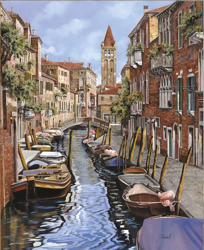 Фотообои на стену - венеция, канал, лодки, башня, мост, старинная архитектура, кирпичные дома, цветы на балконах, отражение в воде, узкая улица, живопись, красные крыши, теплые тона, городской пейзаж, романтика, исторический центр, италия, уют, летний день, туристическое место