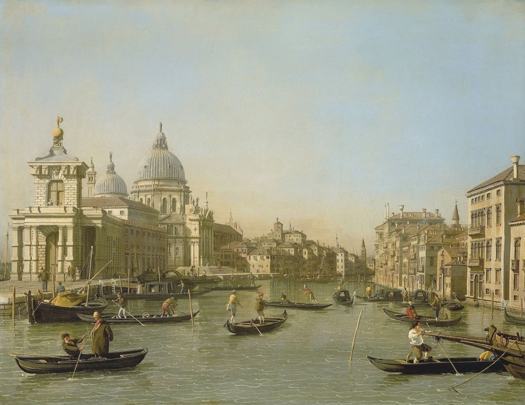 Фотообои на стену - венеция, гондолы, историческая живопись, канал, город на воде, санта-мария делла салюте, архитектура барокко, купол, пейзаж, лодки, весла, люди в старинной одежде, 18 век, классическое искусство, каналетто, италия, плавание, гавань, утро, пастельные тона, светлая палитра, городской пейзаж, водный транспорт, живопись маслом, исторический жанр