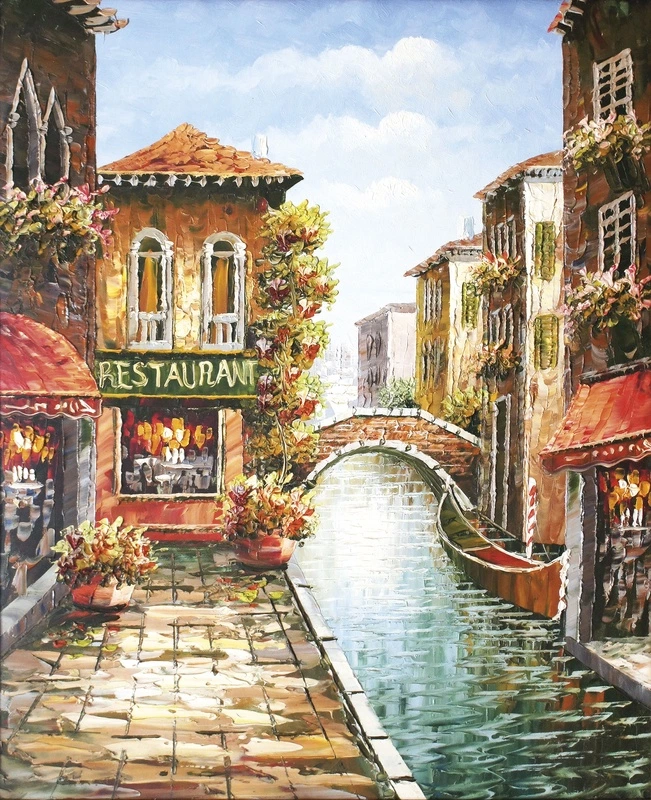 Фотообои на стену - венеция, ресторан, набережная, канал, мост, лодка, цветы, терракотовые крыши, солнечно, голубое небо, отражения в воде, уютная улица, живопись мастихином, яркие краски, лето, европейская архитектура, романтика, старинный город, импрессионизм, масло на холсте, туристическое место, уличная сцена, венецианская атмосфера, городской пейзаж, уютный вечер, стиль живописи