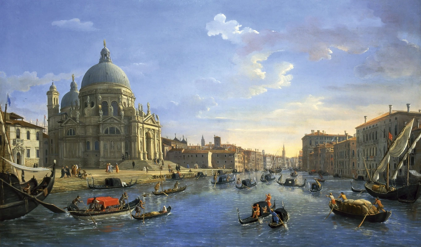 Фотообои на стену - венеция, гранд канал, церковь, барокко, классическая живопись, архитектура, лодки, гондолы, старинный город, путешествие, италия, закат, исторический пейзаж, купола, вода, туристическое место, голубое небо, городской пейзаж, романтика, морская атмосфера, здания, 18 век, вечерний свет, пастельные тона, живопись кистью