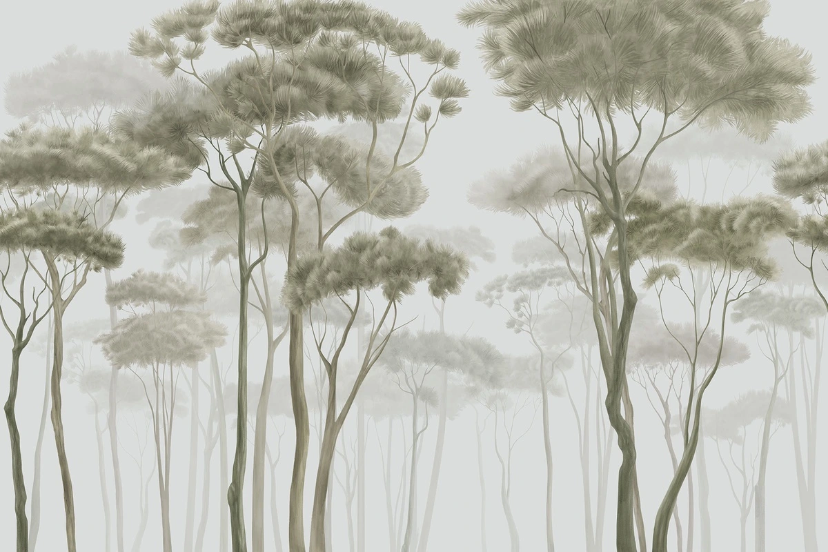 Фотообои на стену - лес, сосны, зеленые оттенки, туман, природный стиль, высокие деревья, акварель, пастель, дзен, японская эстетика, умиротворение, минимализм, для спальни, интерьер, современный дизайн, экологичность, живопись, расслабляющий фон, арт-декор, натуральные цвета, природный уют, для офиса, утренний лес, спокойствие